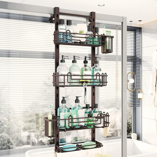 HapiRm 4 Tier Over the Door Shower Caddy, Hanging Shower Caddy with 22 Hooks and 2 Toothbrush Holders, No Drilling Adjustable Hanging Bathroom Organizer - Bronze by HapiRm
