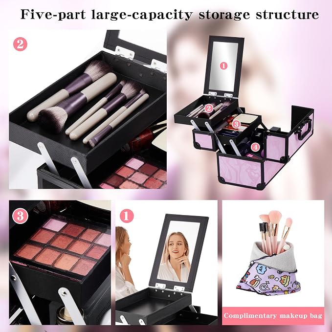 Makeup Train Case, Portable Makeup Case with Mirror, 2-Trays Cosmetic Organizer Case,Nail Polish Organizer, Travel Makeup Box, Profesional for Salon Barber, Pattern Black Pink - Image 4