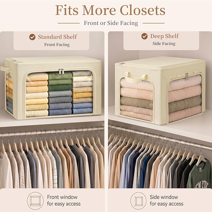 GoMaihe 3 Opening Clothes Storage Bins with Metal Frame, 66L Blanket Storage Organizer for Walk-in Closet Large Storage Boxes with Clear Window for Bedding Winter Clothing 3-Pack Beige - Image 3