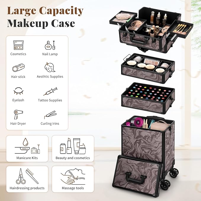 Rolling Makeup Train Case with Lid Cosmetology Case on Wheels | 5 in 1 Large Cosmetic Trolley Organizer Travel for Hairstylist Artist Nail Beauty Salon Barber Cart Trunk, Brown Ink - Image 4