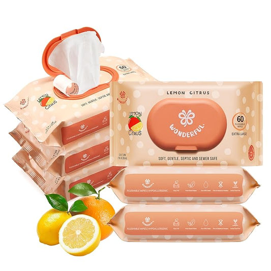WONDERFUL Flushable Wipes, Lemon Citrus 100% Plant-Based Wet Butt Wipe for Adults & Kids, Sewer Septic Safe, Gentle for Sensitive Skin, Wipes Flushable Pack for Bathroom & Travel, 6-Pack (360 Counts)