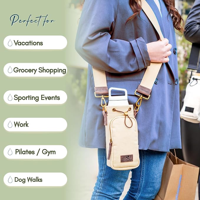Water Bottle Holder with Strap & Pocket Fits 16 to 32 oz Bottles Crossbody Water Bottle Carrier for Women Canvas and Leather - Image 3