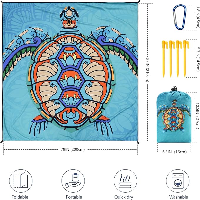 HIHOHO Beach Blanket Waterproof Sandproof Beach Mat 79”x 83” for 1-8 Adults Quick Drying Durable Outdoor Picnic Mat for Beach Festival Travel Camping Hiking (Mandarin Seaturtle, 79"×83"(4 Person)) - Image 3