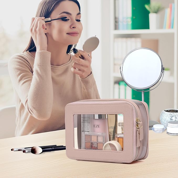 Pinkmik Clear Makeup Bag with Brush Case Travel Toiletry Bag Waterproof Cosmetic Organizer Car Essentials for Women (Pink, M+SLIM-1) - Image 3