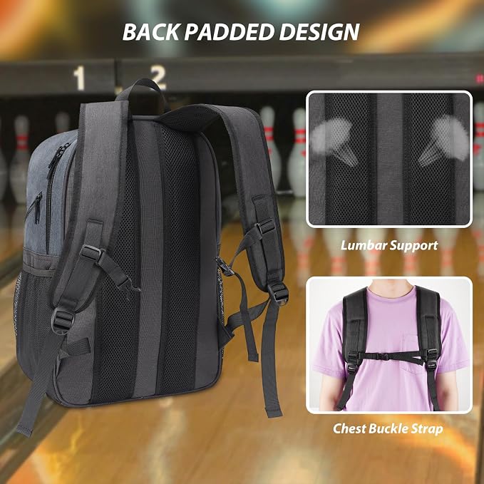 Bosynoy Bowling Backpack, Single Bowling Ball Bag with Shoe Compartment | Bowling Bag Totes with Foam Padded Protection, Fits Shoes Up to US Mens Size 16 and Accessories, Grey - Image 4