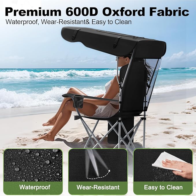 VTOY Portable Camping Chair with Canopy - Folding Chair with Canopy, Durable 600D Oxford Canopy Chair for Camping, Beach, Picnics, Fishing & Sports - Image 3
