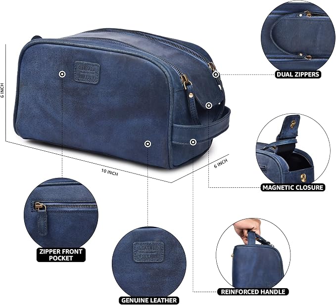 LEATHER VILLAGE Genuine Leather Toiletry Travel Bag With Waterproof Lining - Blue | King-Size Handcrafted Vintage Dopp Kit Bag, Shaving & Bathroom Organizer, Gift for Men & Women - Image 4