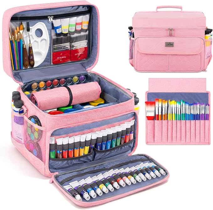 JJRING Acrylic Paint Organizer Bag With Adjustable Dividers, Pink | Versatile Art Supply Storage Case With 12-Slot Brush Holder & Clear Zipper Pocket For Multi-Size Bottles, Travel Tote by JJRING