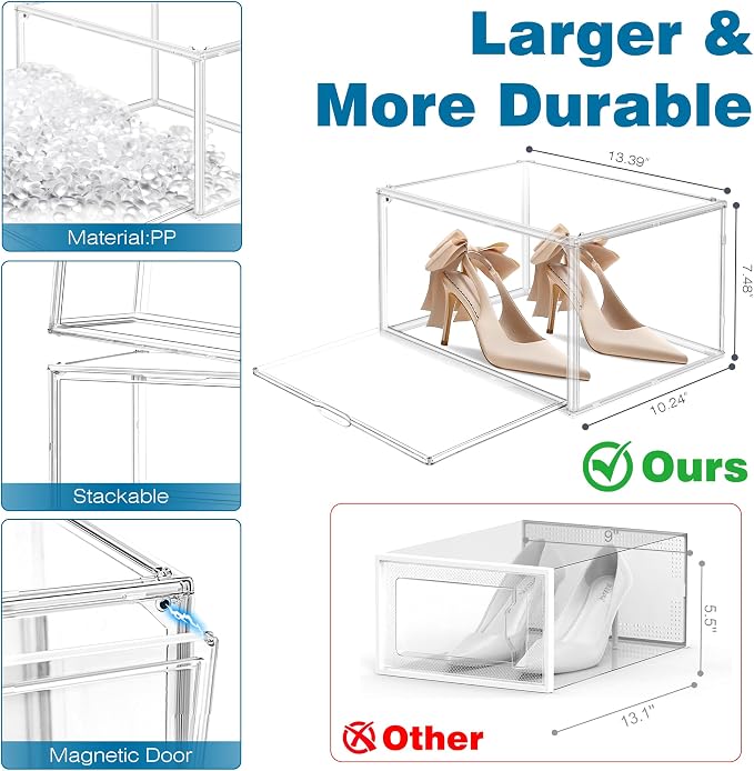 12 Pack Clear Acrylic Shoe Boxes, Wide Magnetic Door Shoe Organizer Size 12 | clear storage boxes for daily shoes, flats, low-top sneakers and closet storage,13.4 x 10.3 x 7.6 in - Image 2