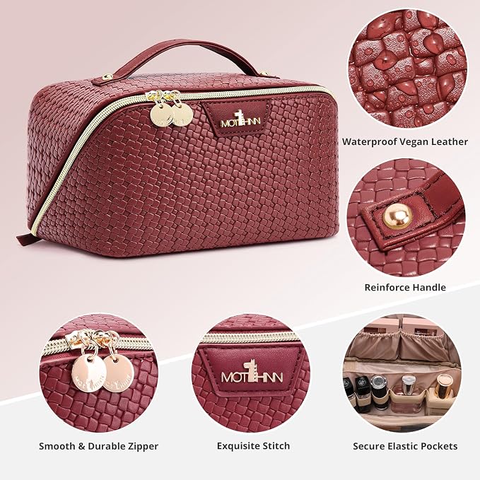 Travel Makeup Bag for Women: Designer 3 Pcs Set Cosmetic Bags for Women - Large Capacity Vagen Leather Hand-made for Toiletry Organizer - Ladies Travel Flat Open Essentials for Luxury (09Red) - Image 4