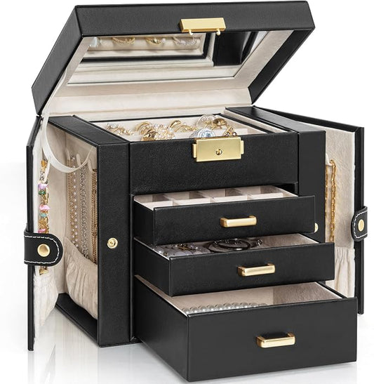 AKOZLIN 4-Tier Jewelry Box Leather Jewelry Storage Organizer with 3 Drawers Lockable for Women Girls Ring Necklace Earring Bracelet Holder with Mirror Black by AKOZLIN