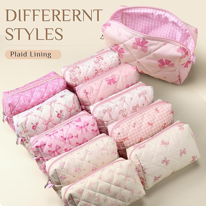 Paterr 10 Pcs Quilted Makeup Bag Bulk Cotton Floral Cosmetic Bag Women Girls Bridesmaid Gifts Cute Makeup Pouch Coquette Aesthetic Travel Toiletry Organizer(Pink Bow,6.30 x 3.94 Inches) - Image 4