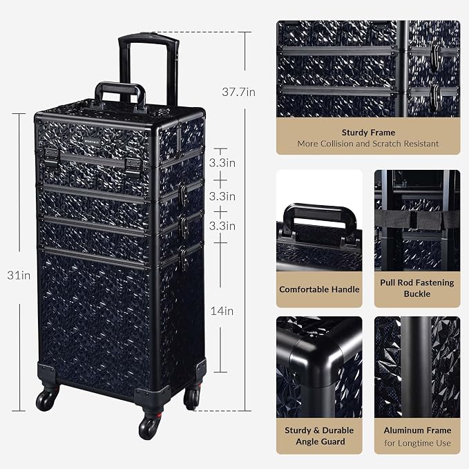 BYOOTIQUE Rolling Makeup Case 4in1 Cosmetology case on wheels Makeup Artist | Aluminum Rolling Makeup Suitcase with 360 Detachable Wheel Lockable 54Lb Large Capacity Organizer Nail Tech Mermaid Black - Image 3