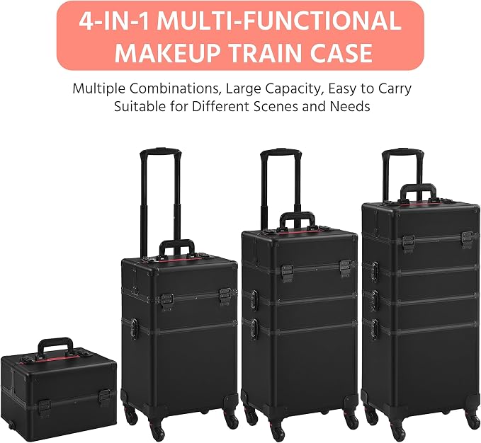 Yaheetech 4 in 1 Rolling Makeup Train Case, Lockable Black Cosmetology Cart | Extra large aluminum-trimmed nail cart with detachable tiers and accordion trays keeping beauty supplies organized on the go - Image 8