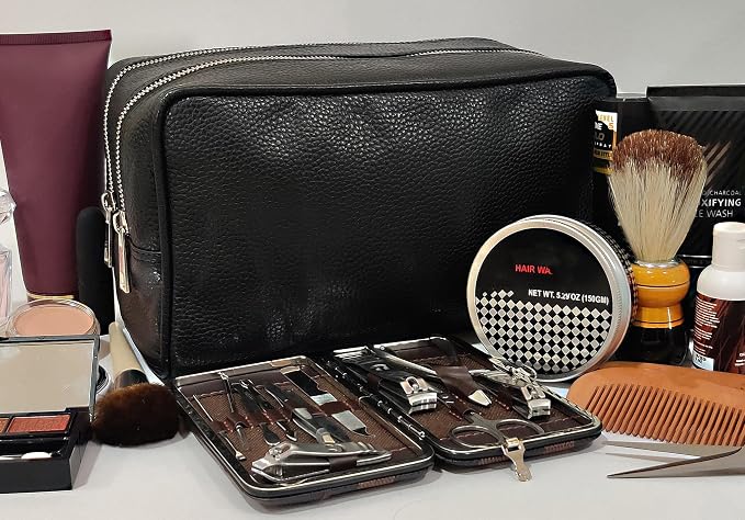 RUSTIC TOWN Full Grain Leather Travel Toiletry Bag - Cosmetic Makeup Kit Organizer (Medium, Black) - Image 6