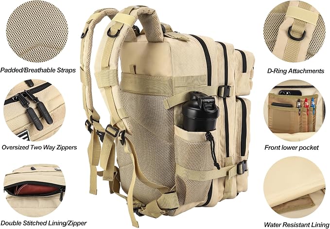 LHI Military Tactical Backpack for Men and Women 45L Army 3 Days Assault Pack Bag Large Rucksack with Molle System - Cream - Image 5