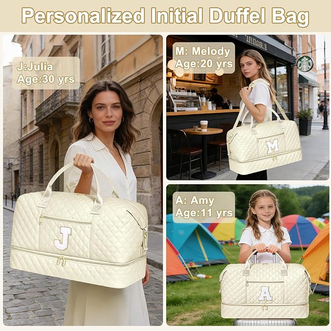 Graduation Birthday Gift for Her, Personalized Initial Weekender Bag for Women 45L Travel Duffle Carry On Quilted, 3PCS Overnight with Cosmetic & Toiletry Bag, Shoe Compartment, Gym Dance Bag for Girl - Image 2