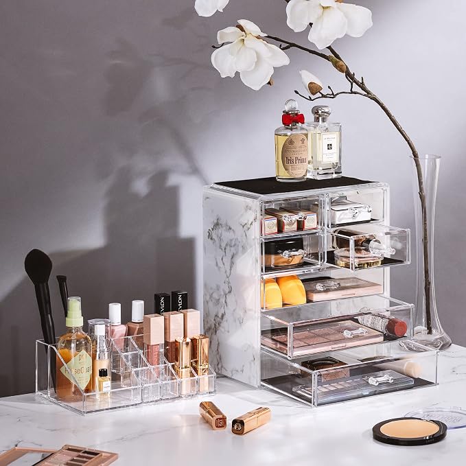 Sorbus Acrylic Makeup Organizer Set, 7-Drawer Vanity & Countertop Cosmetic Storage with Small & Wide Compartments, Marble Print Makeup Storage for Brushes, Jewelry – Holiday Gift for Women & Teens - Image 2