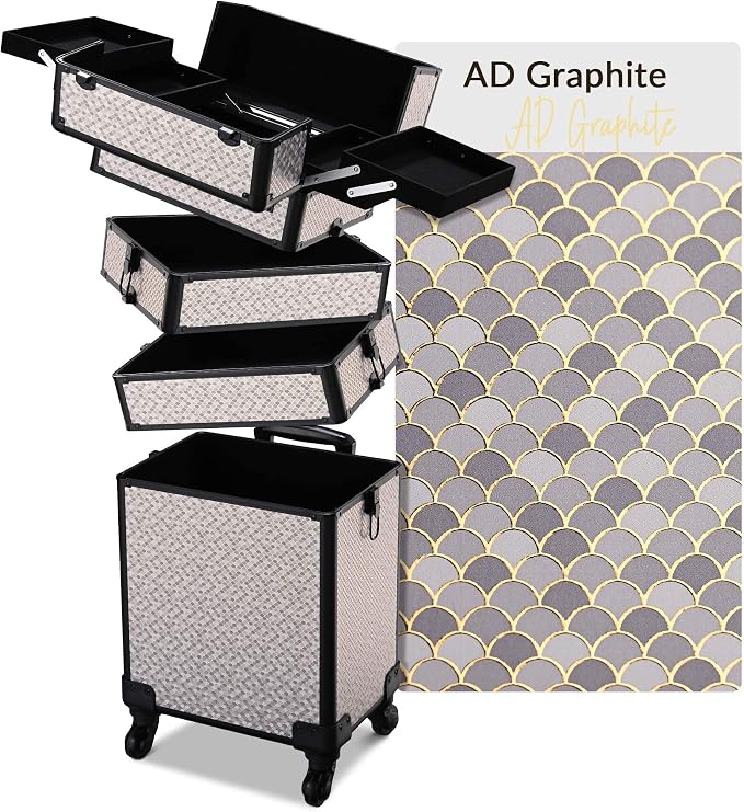 BYOOTIQUE Rolling Makeup Case 4in1 Cosmetology case on wheels Makeup Artist | Aluminum Rolling Makeup Suitcase with 360° Detachable Wheel Lockable 54Lb Large Capacity Organizer Nail Tech AD Graphite by BYOOTIQUE
