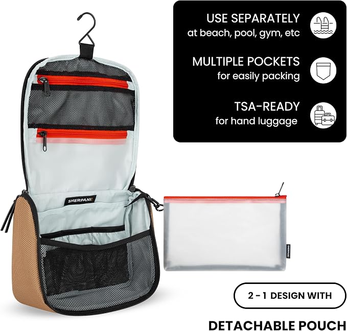 Sherpani Co-Pilot, Travel Toiletry Bag, Hanging Cosmetic Organizer, Water Resistant Makeup Bag, Shower Dopp Kit, Essentials Toiletries for Women, Travel Gift (Sand) - Image 5