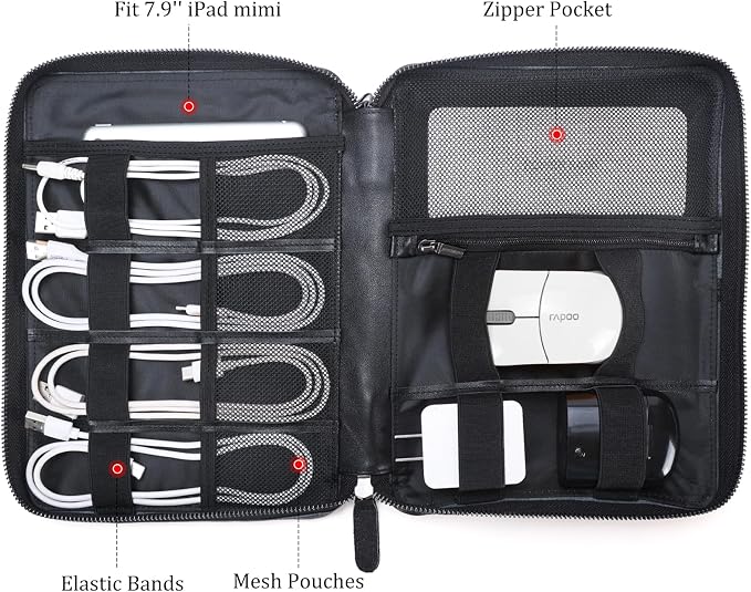 Polare Full Grain Leather Travel Cable Organizer Case Electronics Accessories Carry Bag with YKK Zippers Tech Storage Bag for Cables, Power Bank, USB, SD Card, Travel Essentials - Image 3