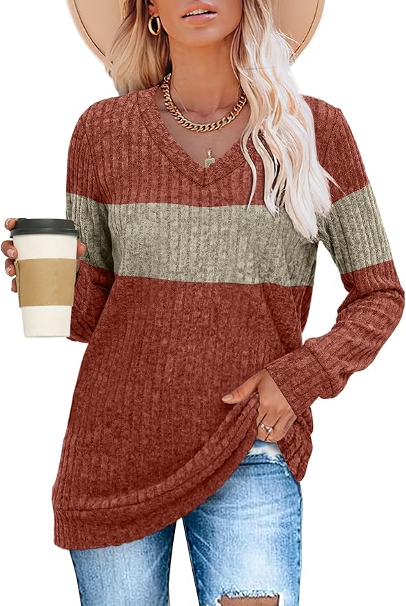 Sampeel V Neck Long Sleeve Shirts for Women Casual Fall Tops Lightweight Tunic Sweaters Fashion Clothes Loose Fit 2025