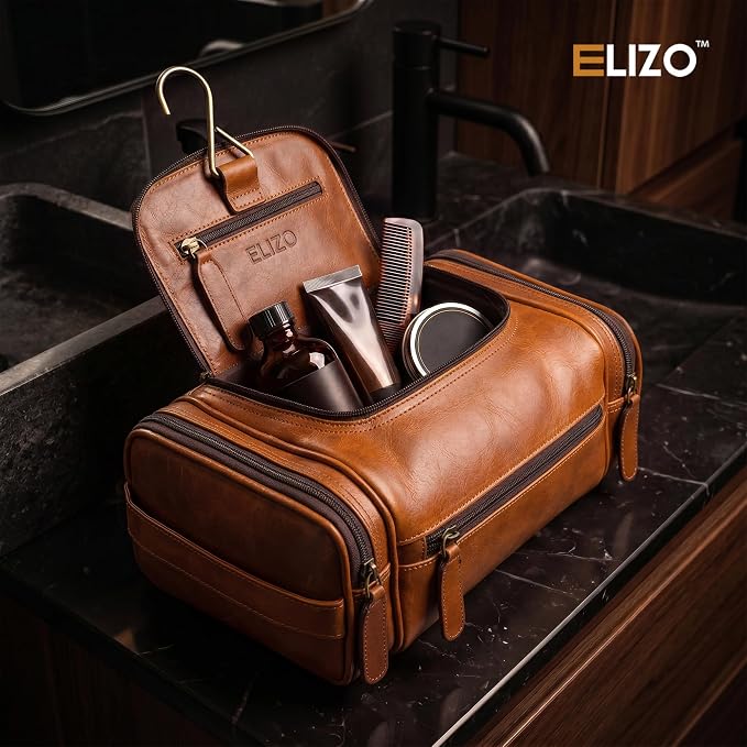 ELIZO Real Leather Toiletry Bag for Men - Large Hanging Travel Organizer for Toiletries, Ideal for Dopp Kit & Shaving Kit for Men, Essential Mens Travel Toiletry Bag for Toiletries (Cognac) - Image 6