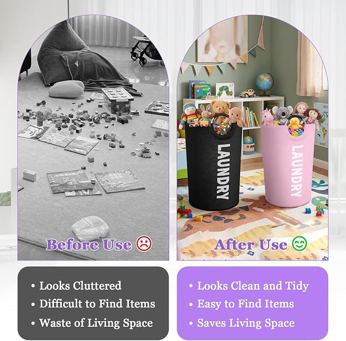 125L Laundry Hamper 2Pcs, Large Laundry Basket with Reinforced Handle, 600D Oxford Cloth Dirty Clothes Hamper, Foldable Washing Bin for Bedroom, Bathroom, Livingroom, Black + Pink - Image 9
