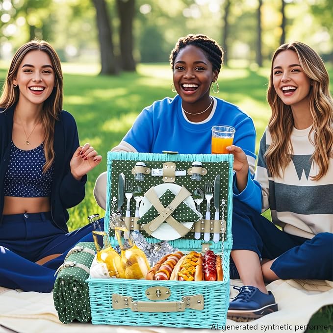 YPshuye Picnic Basket Set for 4 with Waterproof Blanket Mat Insulation Bag Wicker Blue Green Light Hawaiian Tropical Style Gift for Wedding Birthday Summer Camp Outdoor Camping Beach Travel Christmas - Image 9