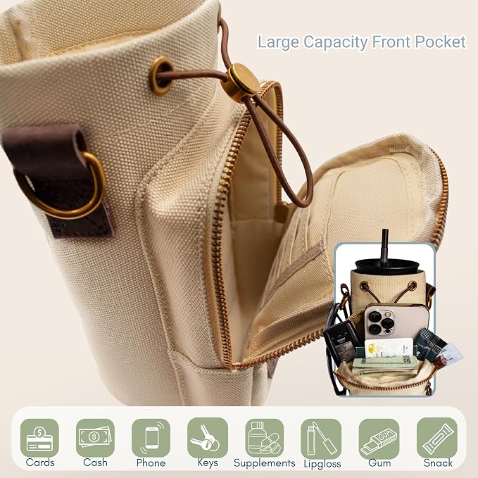 Water Bottle Holder with Strap & Pocket Fits 16 to 32 oz Bottles Crossbody Water Bottle Carrier for Women Canvas and Leather - Image 5