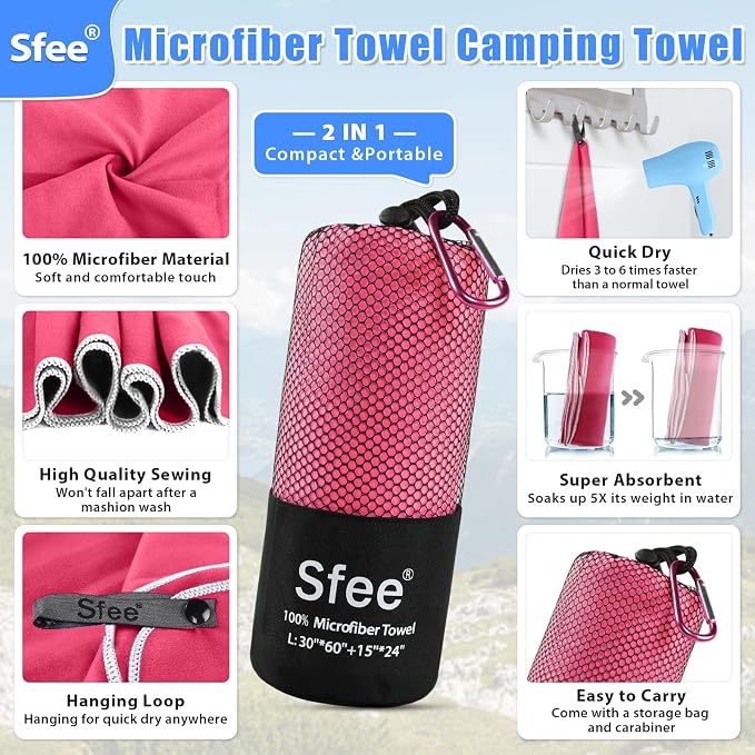Sfee 2 Pack Microfiber Travel Towel, Quick Dry Towel Camping Towel Super Absorbent Compact Lightweight Sports Swim Gym Beach Towels Set for Gym, Hiking, Pool, Backpacking, Bath, Yoga - Image 2