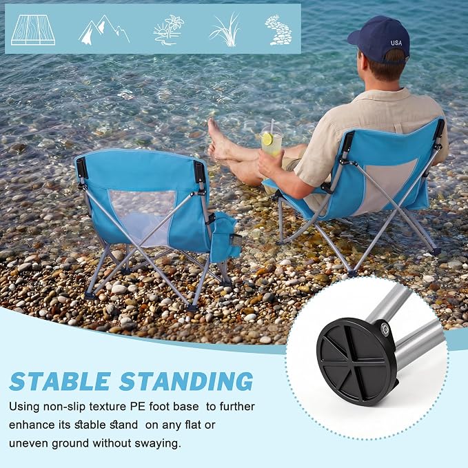 HaSteeL Low Beach Chairs for Adults, Lightweight Camping Folding Chair with Carrying Bag, Portable for Outdoors Lawn Backyard Patio RV Trip Fishing Sport Tailgating, Support 300LBS, Blue, 2 Pack - Image 6