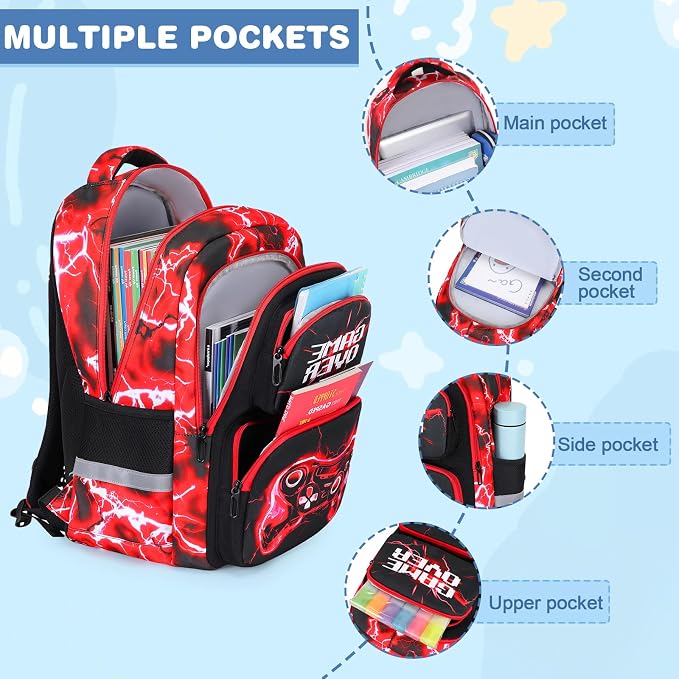 Bevalsa Backpack for Boys, School Bags for Kids with 3.5mm Jack Wired Headphones, Lunch Box & Pencil Case, Gamer Backpack for Kids Children Teens for Elementary Middle School Student (Red Lightning) - Image 4