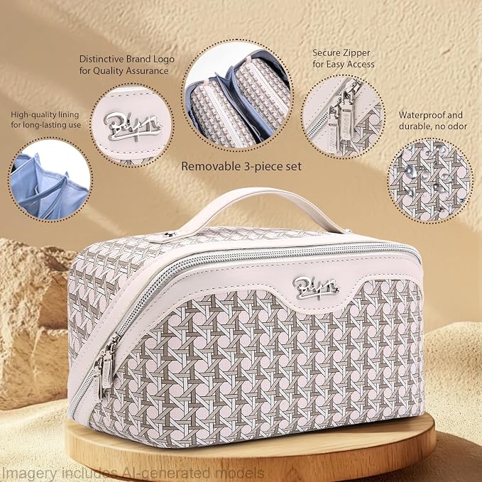 BOYATU Travel Makeup Bag Cosmetic Bags for Women: Large Capacity 3 Pcs Set Make up Bag with Compartments - Waterproof Vegan Leather Toiletry Organizer Bags with Handle (M-80Off-white) - Image 3