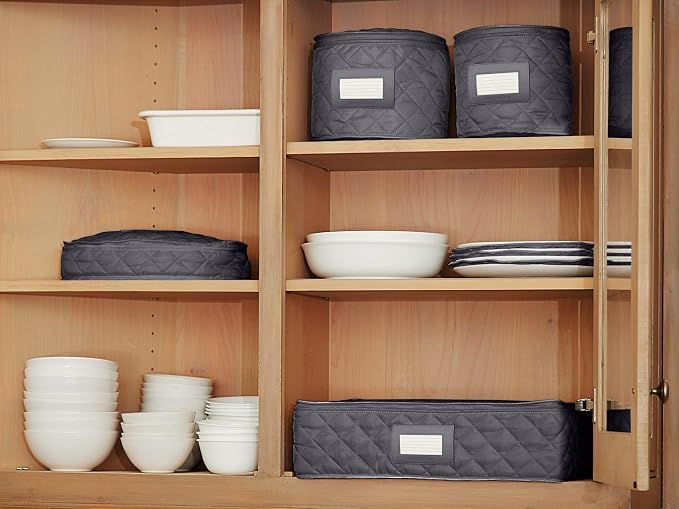 Covermates Keepsakes Dish Storage Set – Padded China & Dinnerware Storage Cases with Dividers, Cup & Stemware Storage, Quilted Polyester Protection, ID Window, Slate - Image 8