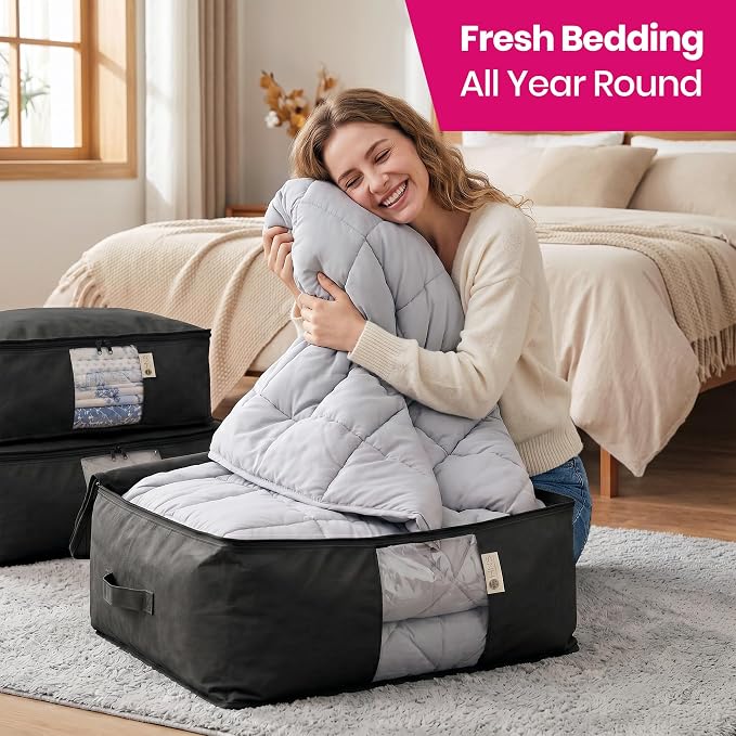 Cedar Storage Bag Organizer for Bedding Set - Protects from Moths, Moisture, Dirt & Dust - Set of 3 Storage Bags for Bed Sheets, Comforter, Pillows & More - Space-Saving Bedding Organizer, Black - Image 2