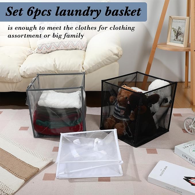 Zopeal 6 Pack Popup Laundry Hamper 13 Inch Collapsible Laundry Baskets with Handles Mesh Clothes Baskets Portable Single Layer Foldable Clothes Hamper Square Bin for Washing (Multicolor,Single-layer) - Image 5