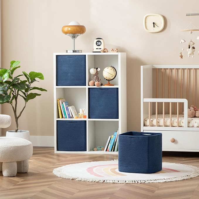 joybest 11inch Cube Storage Bins Set of 4, Cotton Rope Woven Organizer Basket for Shelves, Cube Bin Square Shelves Organizer Closet Storage, Nursery, Toy Organization, Navy Blue - Image 6