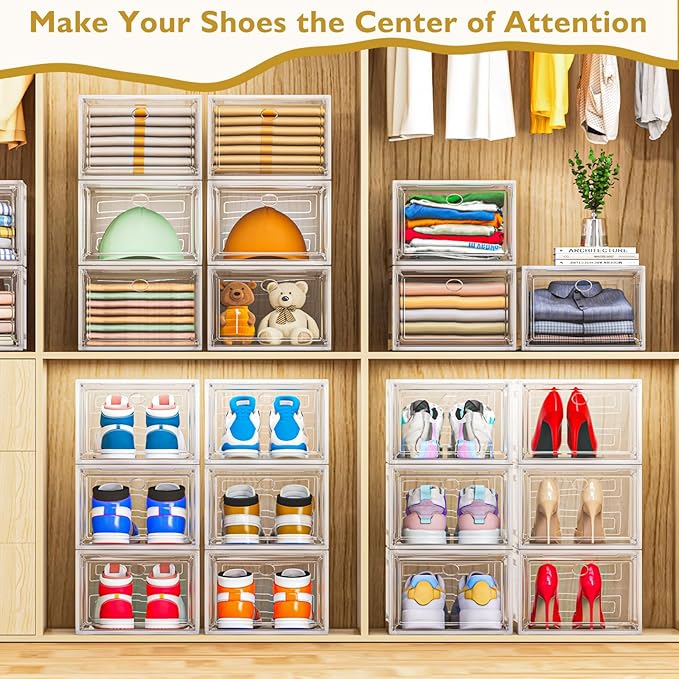 12 Pack Clear Shoe Storage Organizer with Magnetic Door,Stackable Plastic Shoe Boxes for Sneakers,Boots,and Heels,Space-Saving Foldable Shoe Rack for Closet,Durable Shoe Cabinet Organizer,White - Image 7