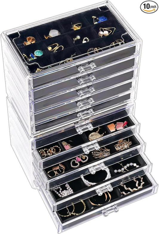ProCase Earring Holder Organizer Jewelry Box with 10 Drawers, Acrylic Clear Earring Case with Adjustable Velvet Trays for Women - Black,10 Layers by ProCase
