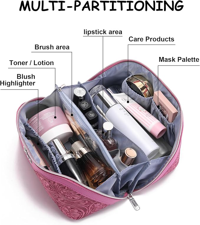BOYATU Travel Makeup Bags Cosmetic Organizer Bag: 3 Pcs Set Large Capacity Floral Make up Bag with Compartments - Waterproof Leather Toiletry Bags with Handle for Women (20-Red) - Image 3