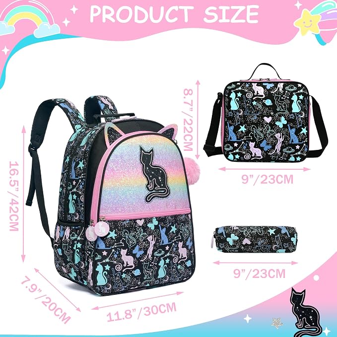 Cute Cat School Backpacks for Girls Backpacks for School Black Bookbag with Lunch Box for Elementary Students Ages 6-8 Years Old - Image 2
