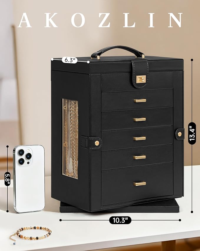 AKOZLIN 6-Tier Jewelry Box Organizer Functional 5 Drawers Leather Jewelry Storage Case for Women Girls Ring Necklace Earring Bracelet Holder Organizer with Mirror XL Black 360° Rotating - Image 2