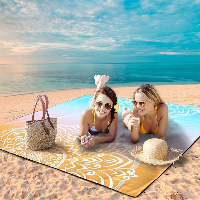 Beach Blanket Sandproof Extra Large Beach Mat Adults Waterproof Quick Drying Sand Free Mat Made by Premium Polyester with 4 Stakes & 4 Corner Pockets for Outdoor Travel Camping Hiking - Image 6