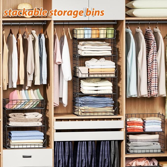 Jakyitvi 5-Tier Stackable Closet Organizers and Storage with Small Basket for Hats,Closet Storage Basket with Adjustable Dividers and 4 hooks,Clothes Shelf Bins for Closet Organizer System,Black - Image 6