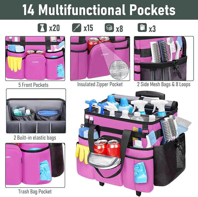 Ytonet Cleaning Caddy with Wheels, X Large Rolling Caddy Bag with Detachable Trolley for Housekeepers, Water Resistant Cleaning Cart Supplies Organizer for Home, Car, Tool Organizer, Mobile Storage - Image 3