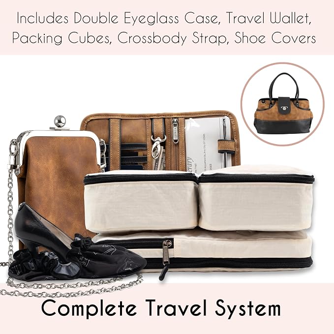Borsali Weekender Bag for Women - Travel Carry On Duffel -Vegan Leather with Travel Wallet, Packing Cubes, Shoe Covers & Glasses Case (Brown/Brown) - Image 3