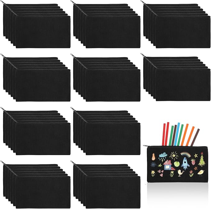 60Pcs Black Cotton Canvas Zipper Pencil Pouch Bulk, Blank DIY Craft Bag Canvas Pencil Case, Multipurpose Toiletry Tote Bag for Makeup Cosmetic, Invoice Bill, Travel Toiletry (Black,60) by Unknown
