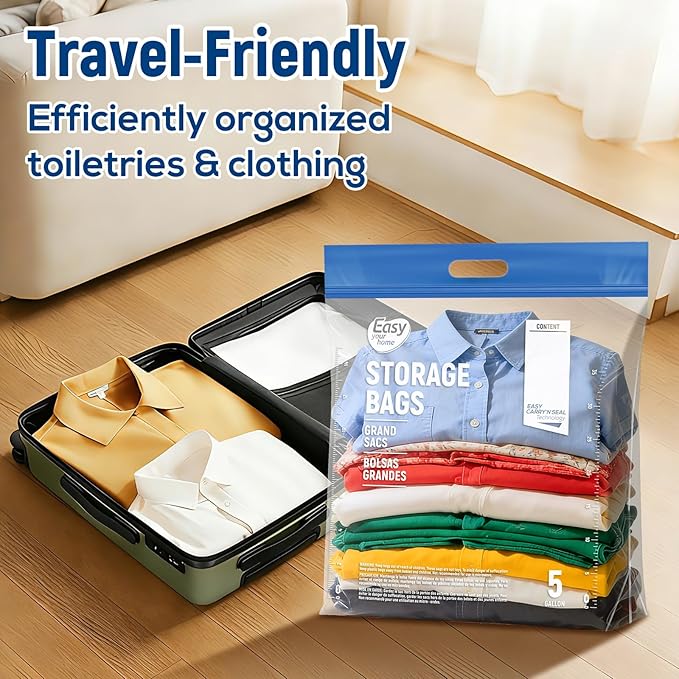 5PCS 5 Gallon Zipper Lock Plastic Bags with Handle and bottom,18"x23"+7",Extra Large Size Reusable Storage Bag with Double Zip for Clothing,Travel,Moving,Beach,BPA-Free,3-Mil Thick - Image 5