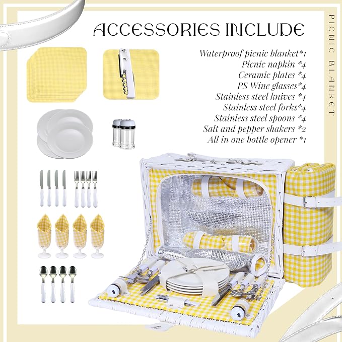 Picnic Basket Set for 4 with Waterproof Blanket Mat Insulation Bag Wicker White Yellow Light Fresh Gifts for Wedding Birthday Summer Camp Outdoor Camping Beach Travel Christmas Thanksgiving - Image 5